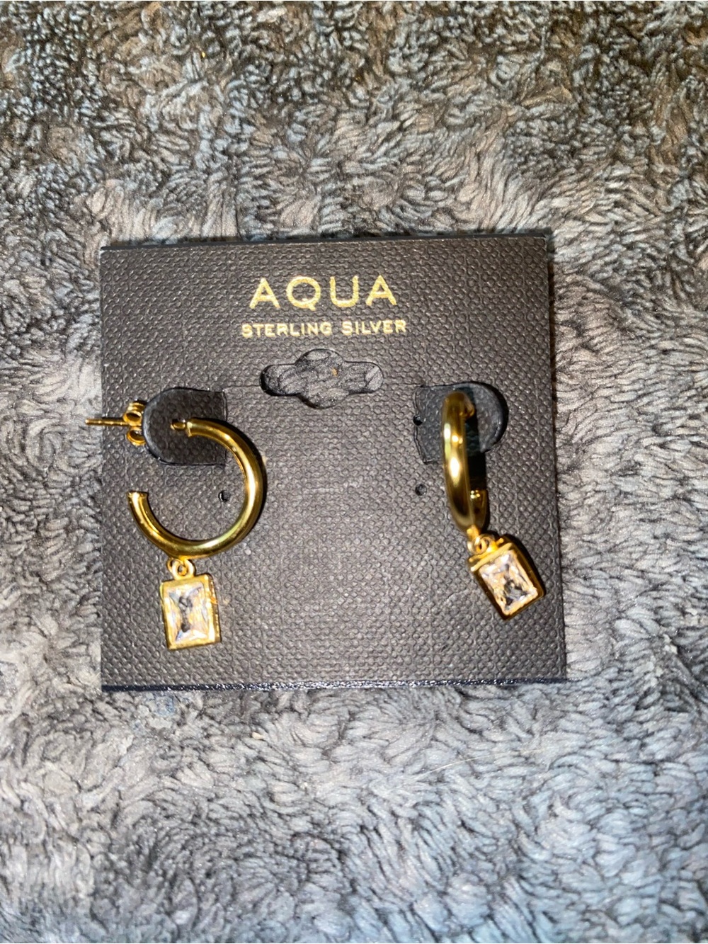 AQUA Gold Sterling Silver Hoop Earrings with Rectangular CZ Dangles $50